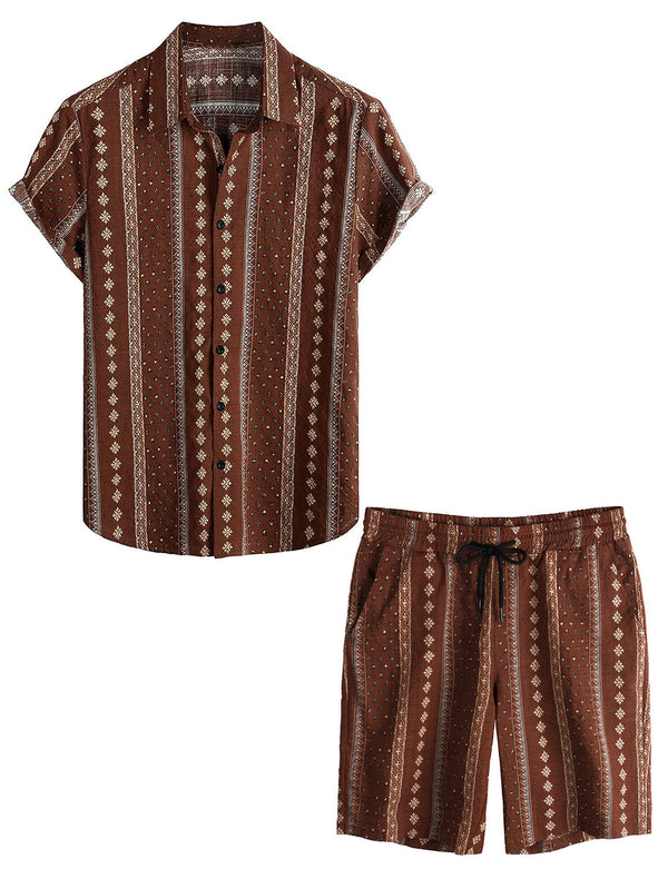 Men's Casual Vintage Button-Down Shirt And Shorts Set