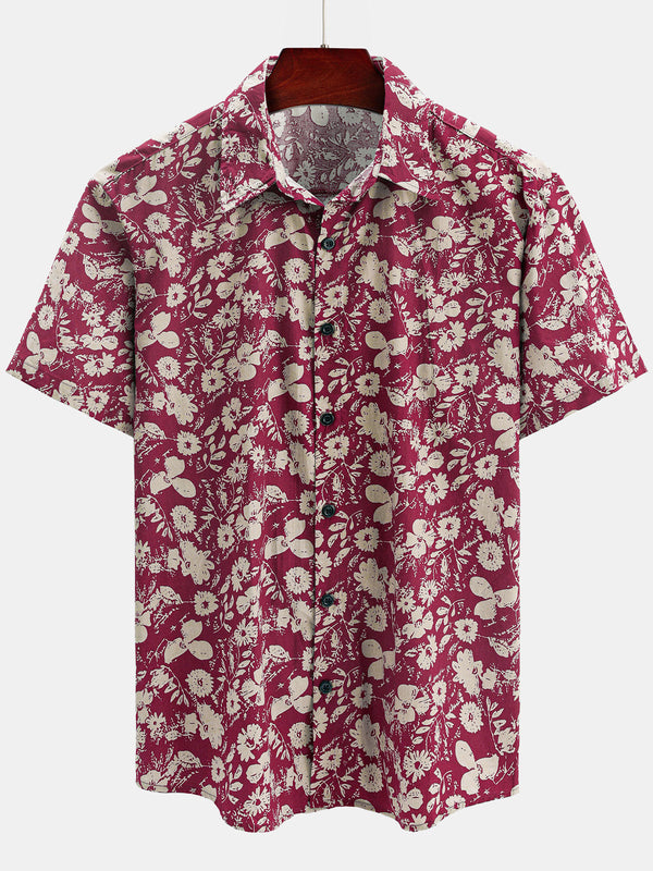 Men's Short-Sleeved Shirt With Vintage Floral Pattern In Red For Vacation