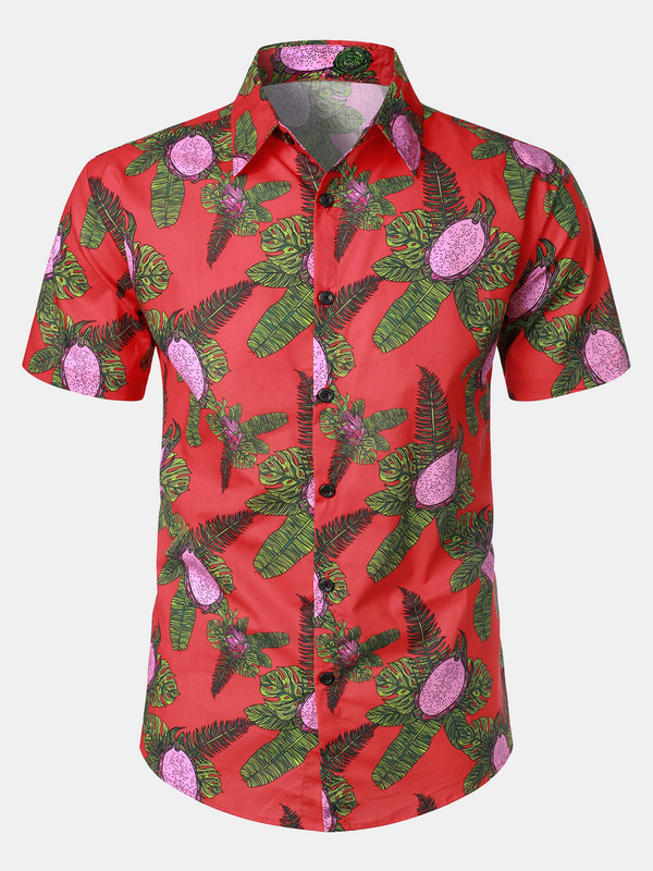 Men's Hawaiian Pitaya Print Summer Fruit Short Sleeve Hawaiian Shirt In Red