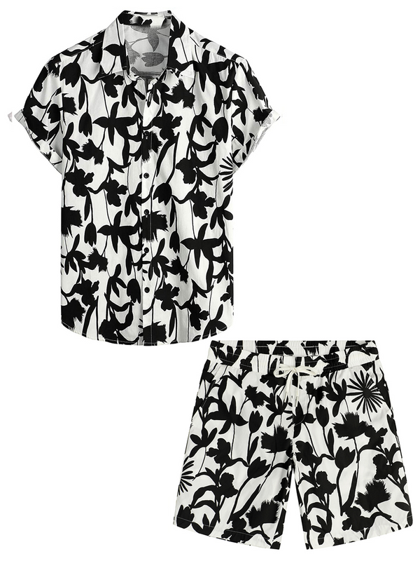 Men's Casual Hawaiian Cotton Beach Shirt And Shorts Summer Set